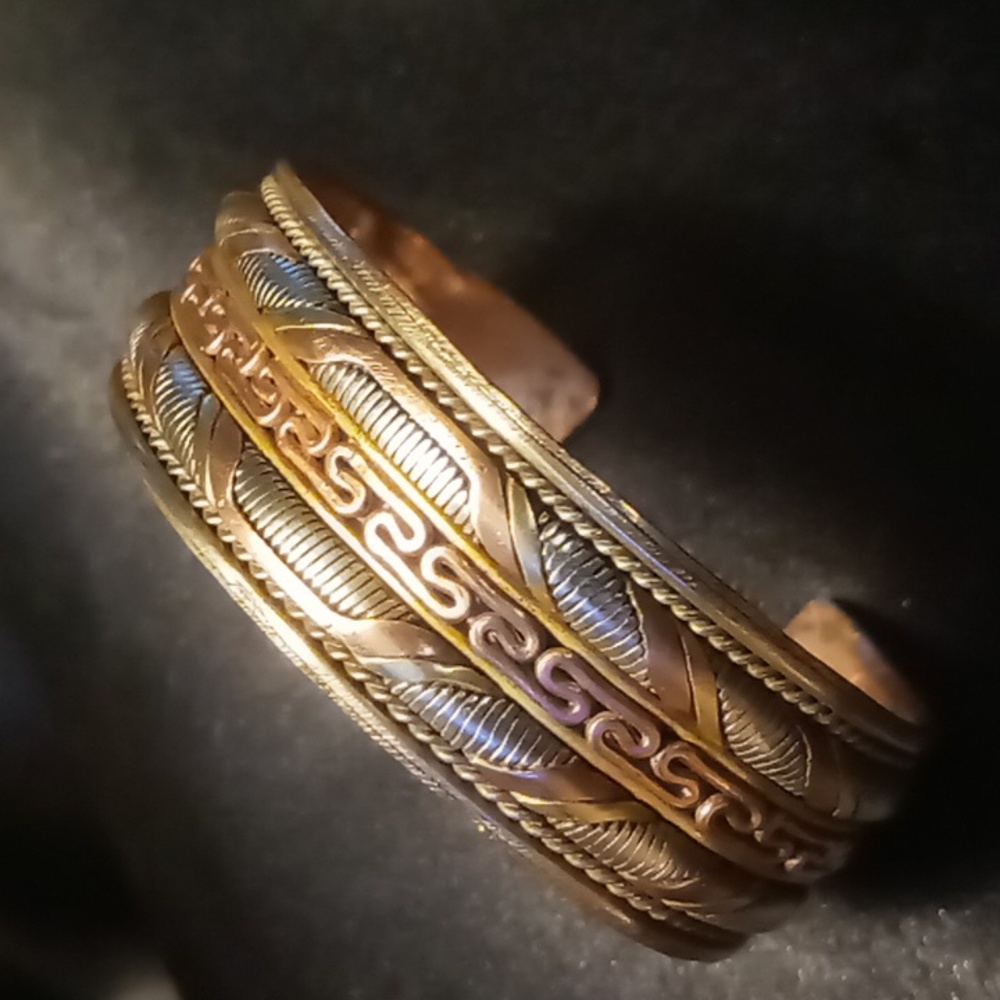 Vintage Copper, silver, brass cuff bracelet. Aquarius stamped in brass